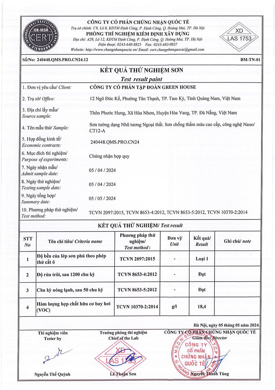 đề thí nghiệm sơn greenhouse